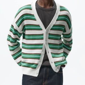 Zara Men's Textured Structured Striped Knit Cardigan Sweater Green Cream XL